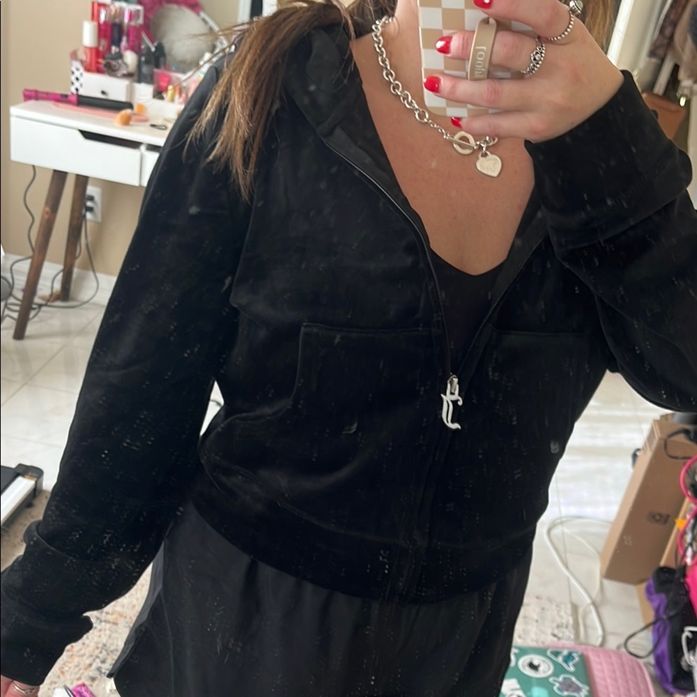 Juicy Couture Velour Black Zip Up with Rhinestones